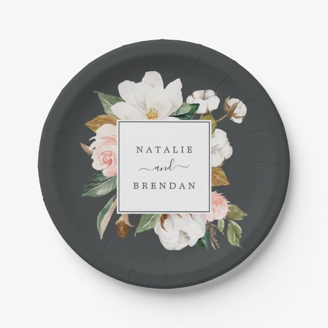 Prato De Papel Elegante Magnolia | Casamento Negro e Branco (Frente)