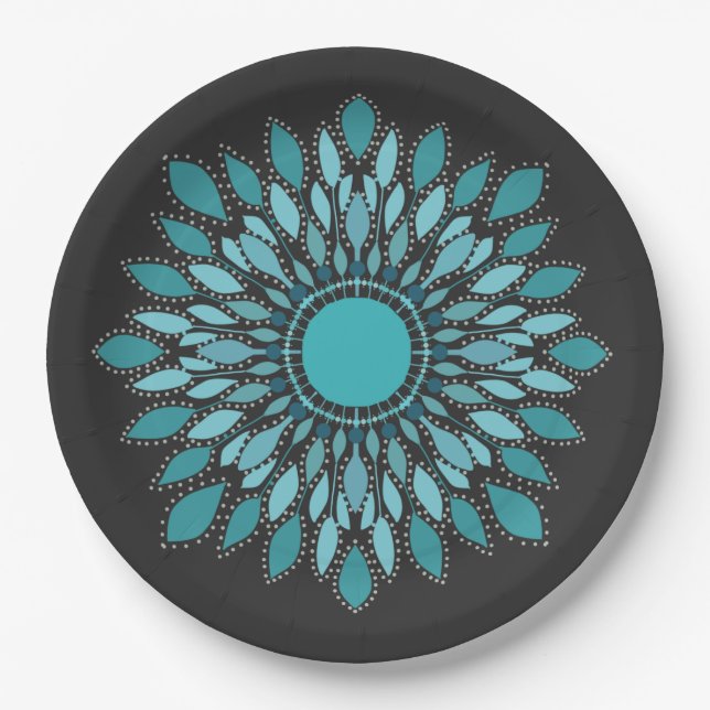 Prato De Papel Elegante Mandala Teal Lotus Flower (Frente)