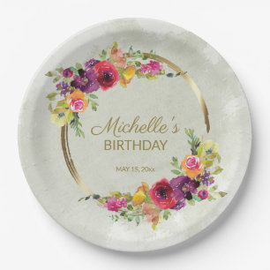 Prato De Papel Elegante Moldura Dourada Floral Vintage Aniversári