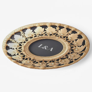 Prato De Papel Elegante Moldura Ornamentada Dourada com Detalhe F