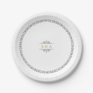 Prato De Papel Elegante monograma clássico vintage de casamento f