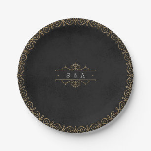 Prato De Papel Elegante monograma de casamento clássico vintage m