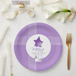 Prato De Papel Elegante Monograma de Xadrez Violeta Lilás
