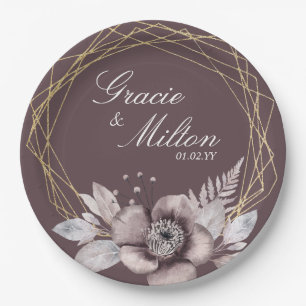 Prato De Papel Elegante Monograma Floral Bege Dourado Casamento 