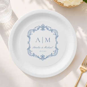 Prato De Papel Elegante Monograma Vintage Casamento Azul Poeirent