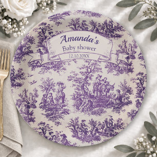 Prato De Papel Elegante monograma vintage roxo toile de jouy