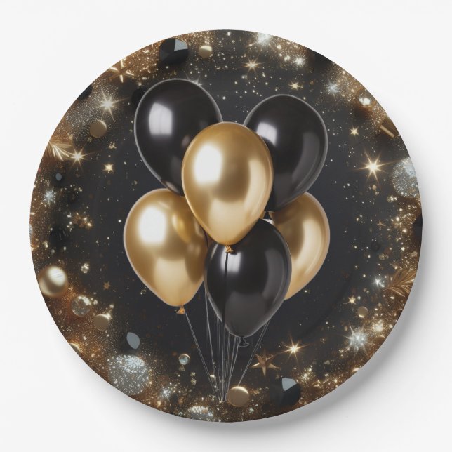 Prato De Papel Elegante negro e Dourado balão brilhante Aniversár (Frente)