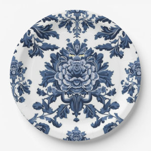 Prato De Papel Elegante padrão de flor de damasco vitoriano azul 