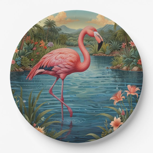 Prato De Papel Elegante paraíso tropical rosa flamingo (Frente)