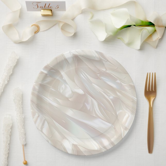 Prato De Papel Elegante Pearl White Shell Abstrato (Casamento)