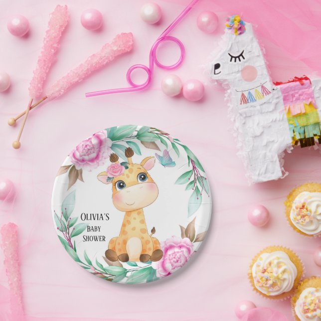 Prato De Papel Elegante Peony Rosa e uma Girafa Bonita Personaliz (Festa)