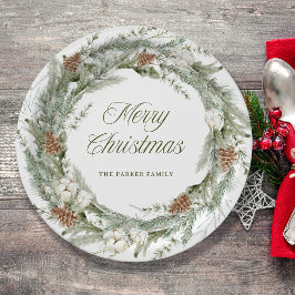 Prato De Papel Elegante Pine Wreath e Greenery | Feliz Natal