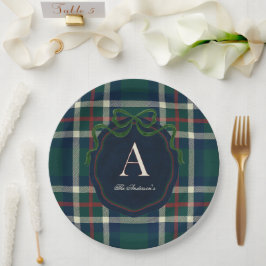 Prato De Papel Elegante Plaid Monograma de Natal Préppy