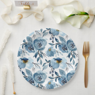 Prato De Papel Elegante Pó Azul Floral e Festa Redonda Branca