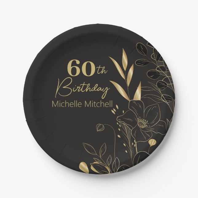 Prato De Papel Elegante Preto Dourado Personalizado 60º Aniversár (Frente)