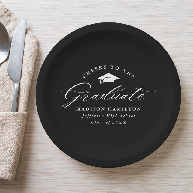 Prato De Papel Elegante Preto e Branco Alegres ao Formando (Criador carregado)