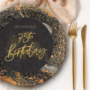Prato De Papel Elegante Preto e Dourada Glitter 75ª Festa de aniv