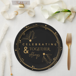 Prato De Papel Elegante Preto e Dourado Celebrando Juntos e Sempr