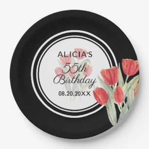 Prato De Papel Elegante Primavera Red Tulip Flora Black 55th Birt