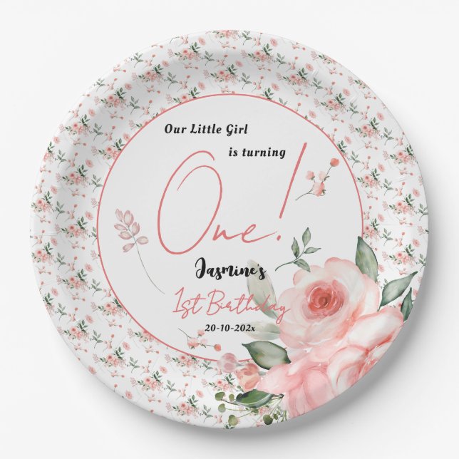 Prato De Papel Elegante primeiro aniversario Rosa Rosa Cor-de-Águ (Frente)