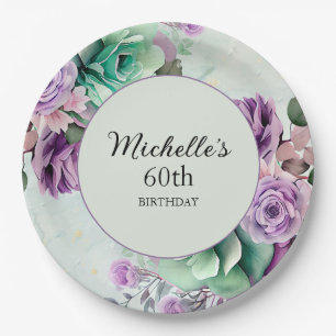 Prato De Papel Elegante Purple Mint Green Floral 60º Aniversário