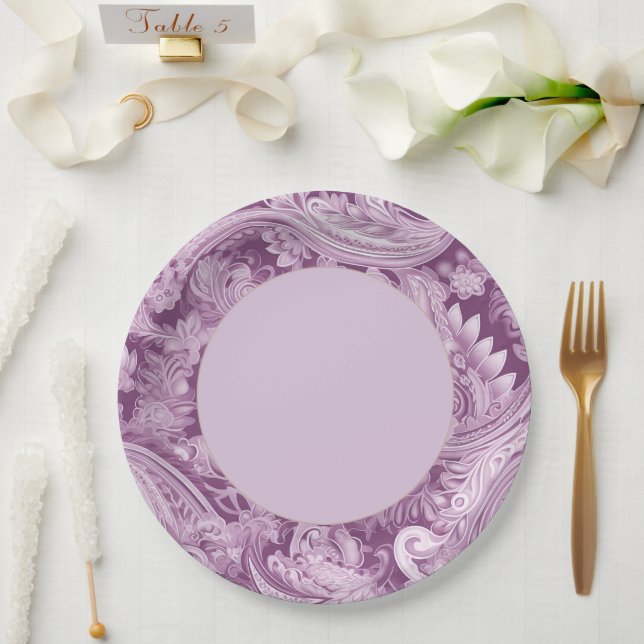 Prato De Papel Elegante Purple Paisley Border (Casamento)