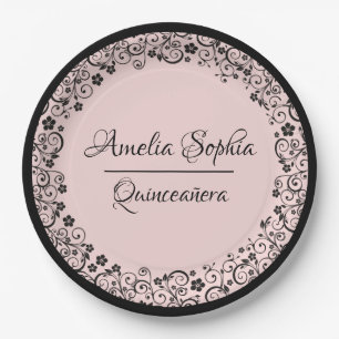 Prato De Papel Elegante Quinceañera Black Swirls em Blush PInk