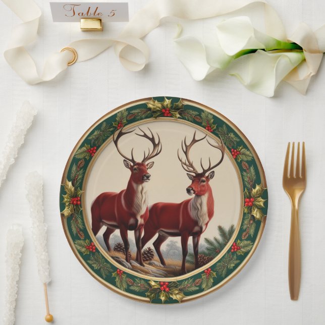 Prato De Papel Elegante Red Reindeer Moose Dourada Holly feliz Xm (Casamento)