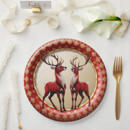 Prato De Papel Elegante Red Reindeer Moose Dourada neve alegre Xm