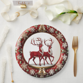 Prato De Papel Elegante Red Reindeer Moose Dourada neve alegre Xm
