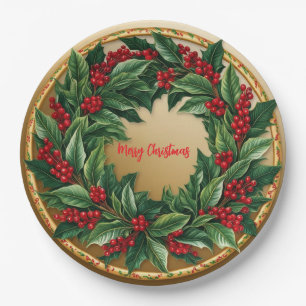 Prato De Papel Elegante Red Wreath Holly Berries Natal me Dourado