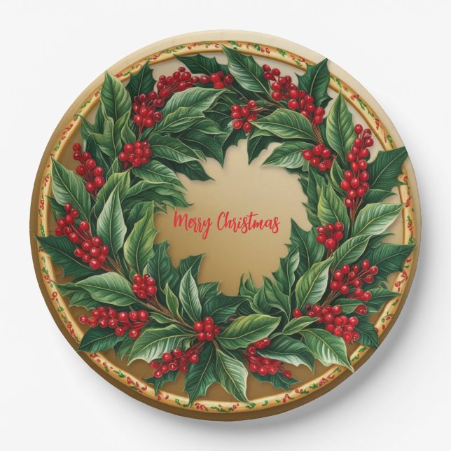 Prato De Papel Elegante Red Wreath Holly Berries Natal me Dourado (Frente)