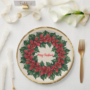 Prato De Papel Elegante Red Wreath Holly Berries Natal me Dourado