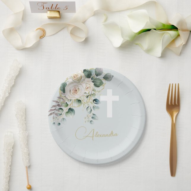 Prato De Papel Elegante religioso Rosa Cruz Verde (Casamento)