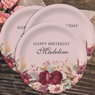 Prato De Papel Elegante Rosa Borgonha Floral Feliz Aniversário
