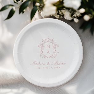 Prato De Papel Elegante Rosa Chinoiserie Brasão de Armas Monogram