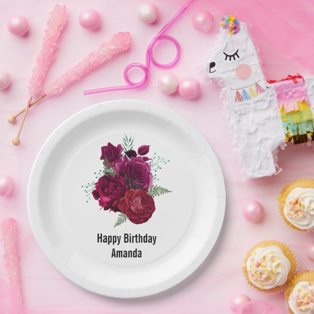 Prato De Papel Elegante Rosa Floral Buquê Magenta Aniversário (Festa)