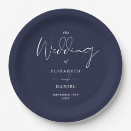 Prato De Papel Elegante Roteiro Moderno Casamento Azul-Navy