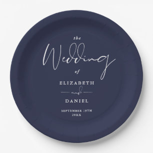 Prato De Papel Elegante Roteiro Moderno Casamento Azul-Navy