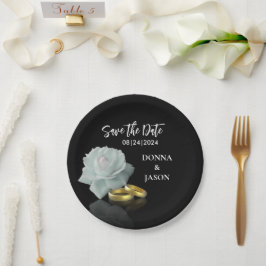 Prato De Papel Elegante Salve a Data White Rose Dourada Rings Scr
