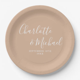 Prato De Papel Elegante Script Taupe Bege Casamento