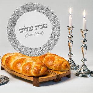 Prato De Papel Elegante Silver Glitter Hebrew Shabbat Shalom