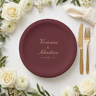 Prato De Papel Elegante Simples Script Burgundy Minimalista Casam