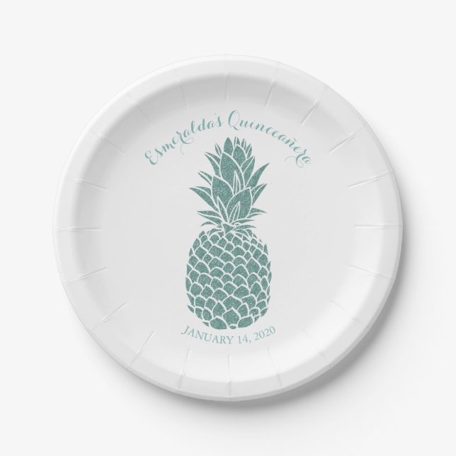 Prato De Papel Elegante Teal Glitter Pineapple Quinceanera (Frente)