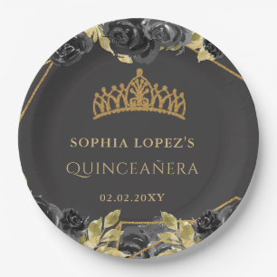 Prato De Papel Elegante Tiara Floral de Ouro Preto Quinceanera