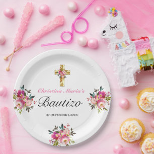Prato De Papel Elegante Tinta Floral Bautizo Cruz De Oro
