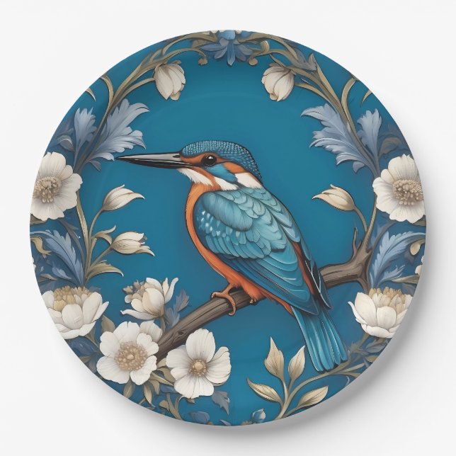 Prato De Papel Elegante Turquoise Kingfisher Floral (Frente)