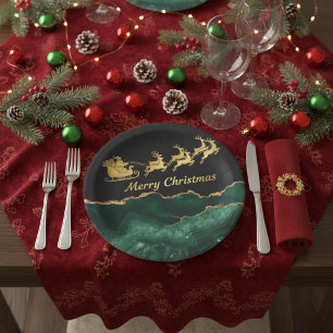 Prato De Papel Elegante Verde Dourado Trenó do Papai Noel Feliz N