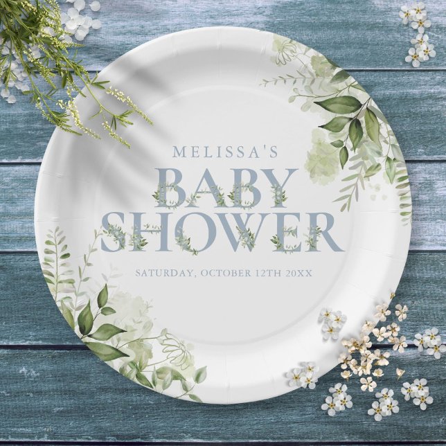 Prato De Papel Elegante Verde Dusty Chá de fraldas Azul (Elegant Greenery Dusty Blue Baby Shower Paper Plates)