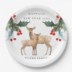 PRATO DE PAPEL ELEGANTE VERDE VERDE VERDE HOLLY BERRY DEER DUO AN